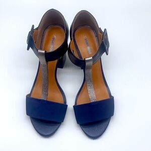 True Soul - Blue Suede And Black and Silver Leather Open Toe Heels Size 7